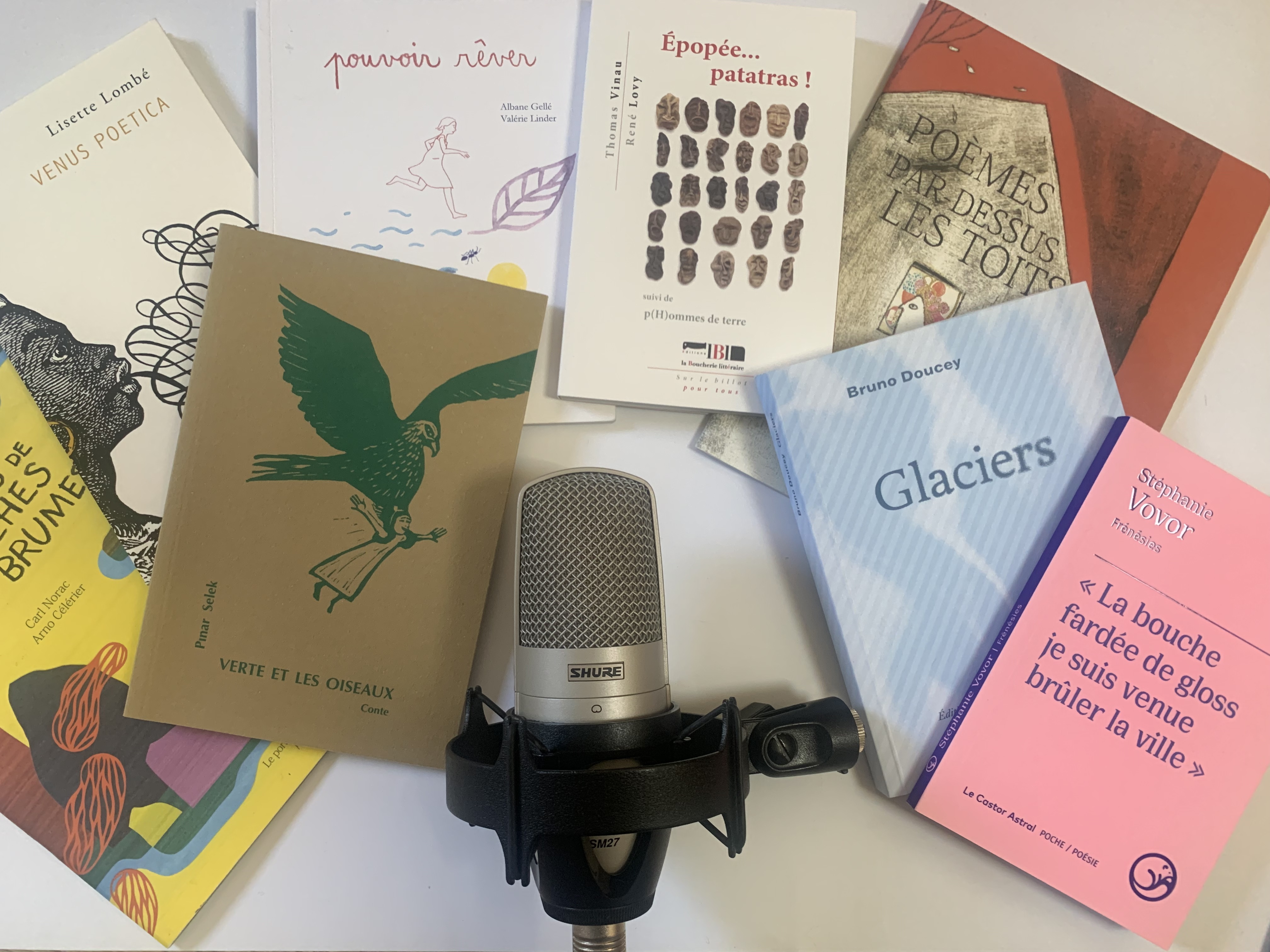 Vignette ateliers. micro et livres posés de Carl Norac Stéphanie Vovor, Bruno Doucey Pierre Soletti, Thomas Vinau